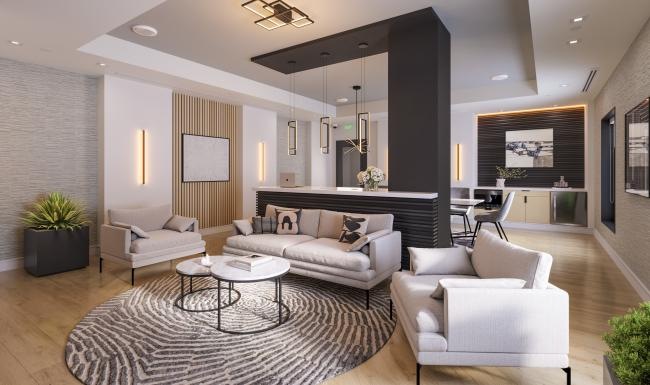 a living room with a large rug