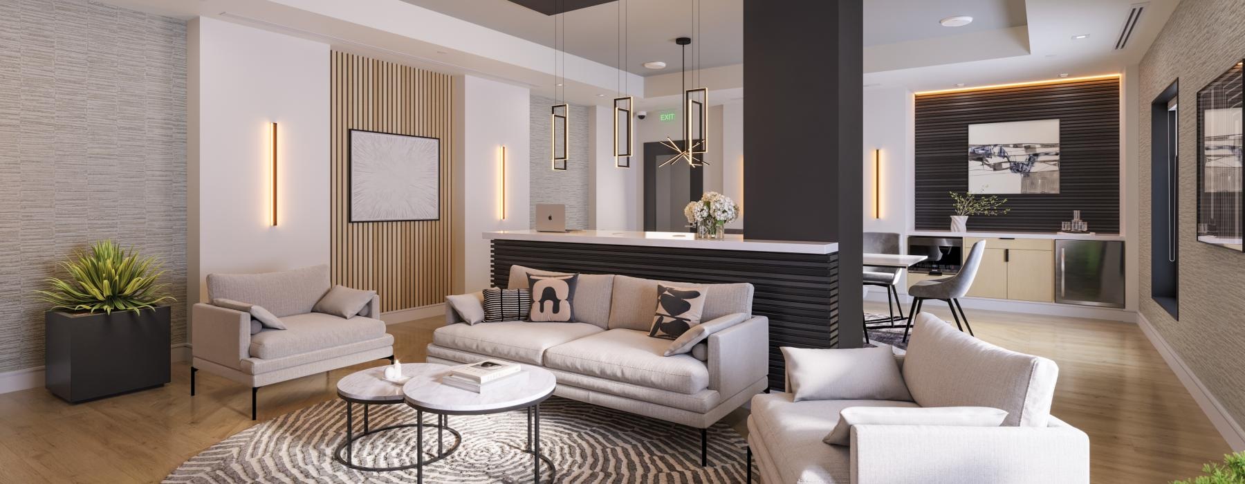 a living room with a large rug