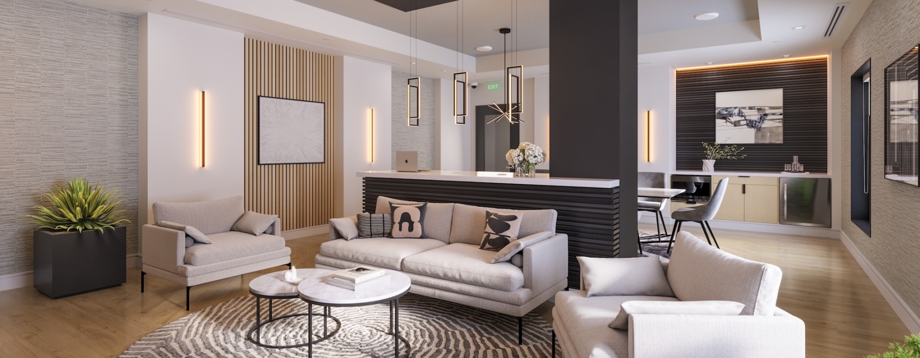 a living room with a large rug