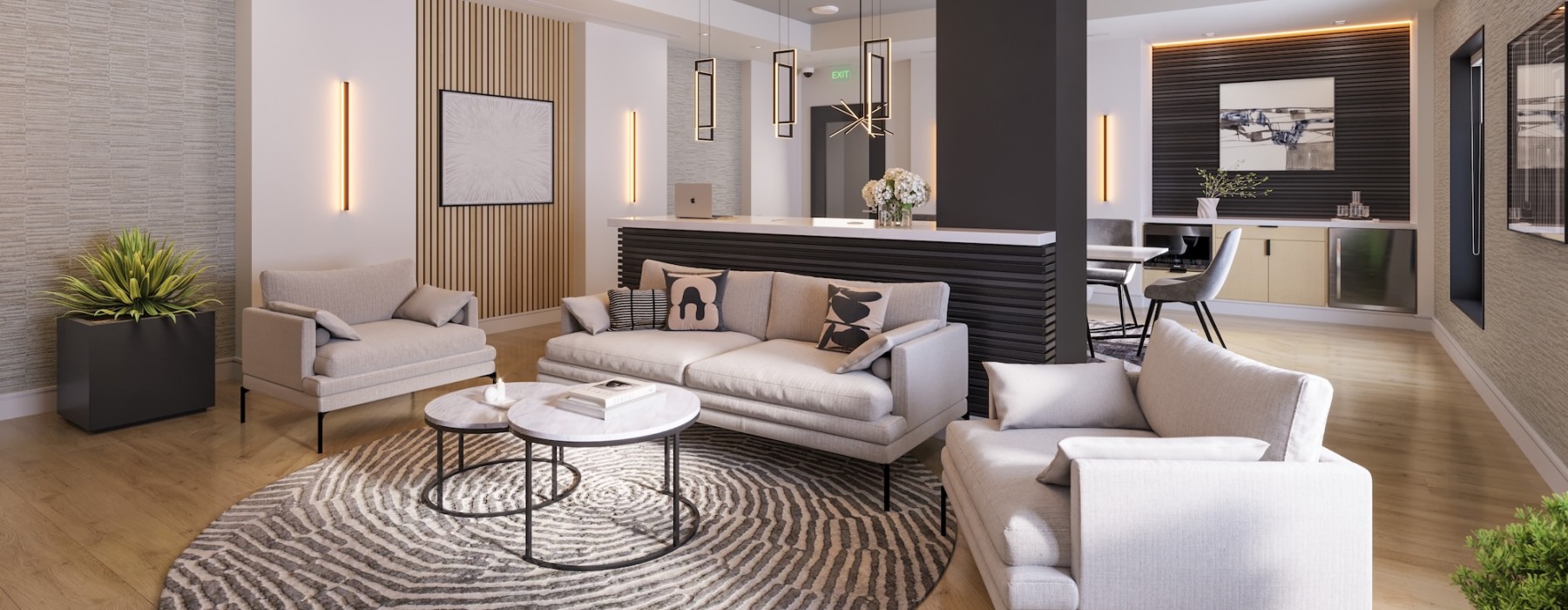 a living room with a large rug