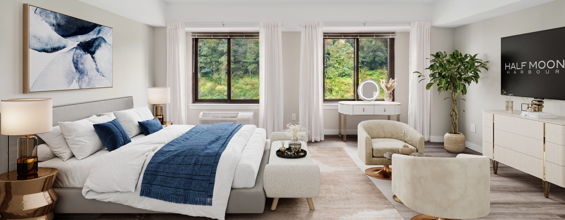 spacious bedroom with multiple bedroom areas including bed and seating area