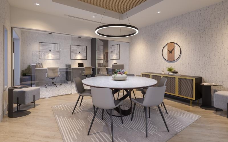 a room with a table and chairs